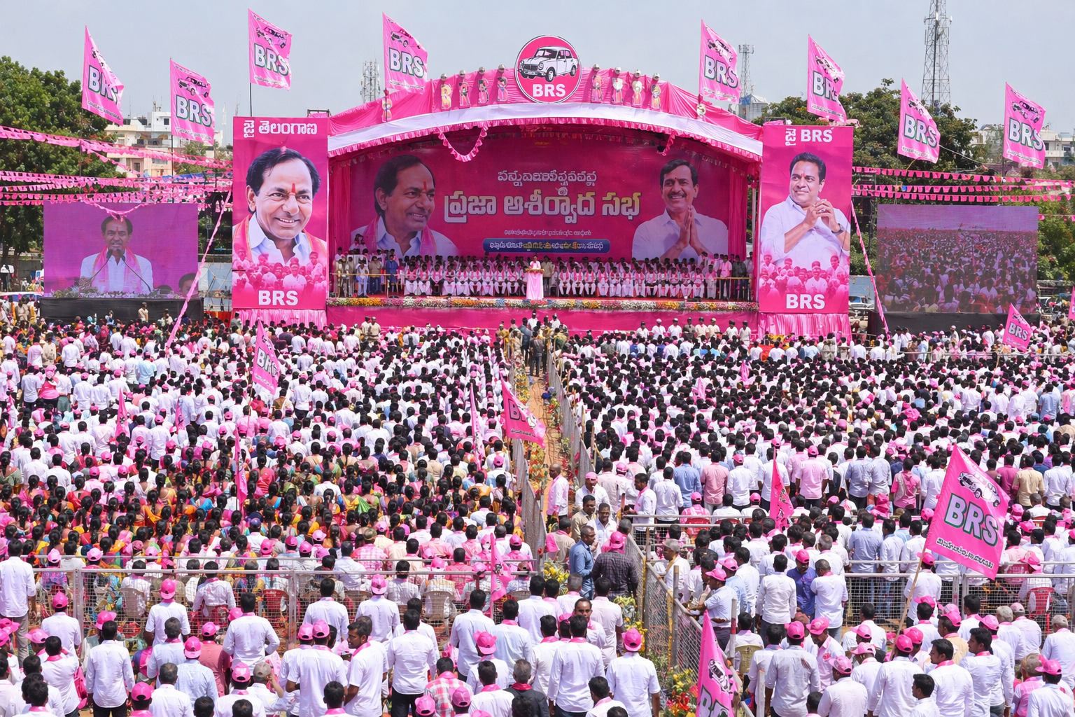 BRS flexis, banners flood Jagtial as Praja Ashirvada Sabha draws huge crowd