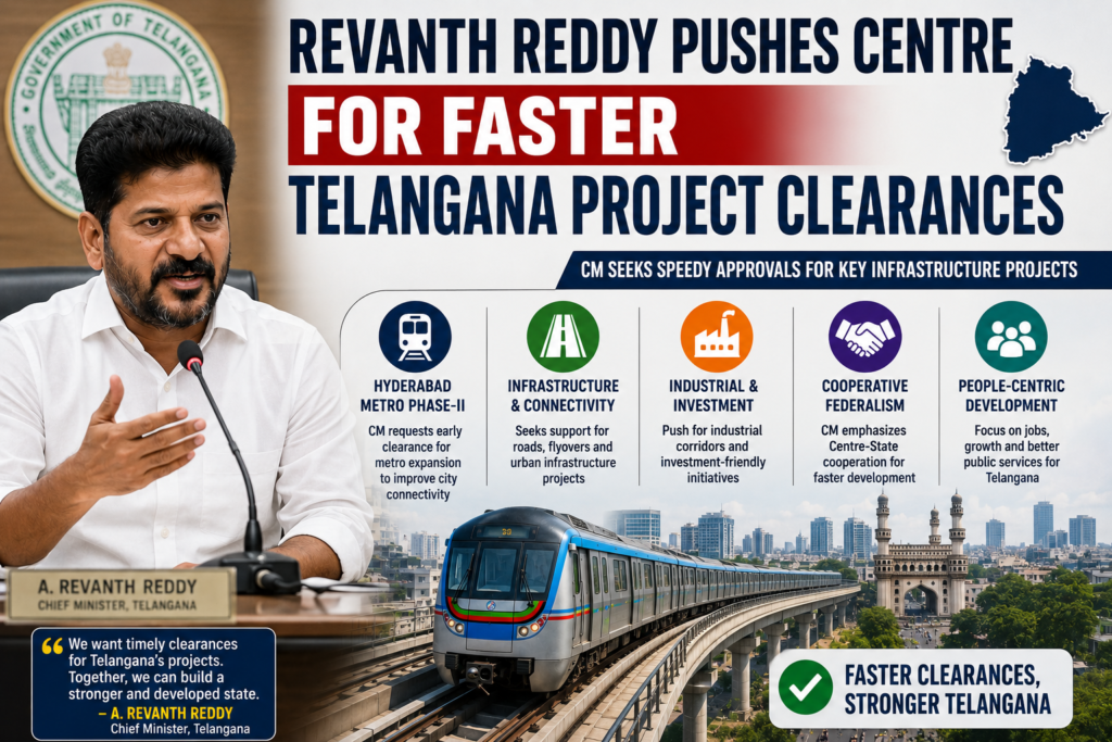 Telangana CM Revanth Reddy urges the Centre to speed up approvals for Metro expansion, infrastructure, and industrial projects to boost development and economic growth in the state.