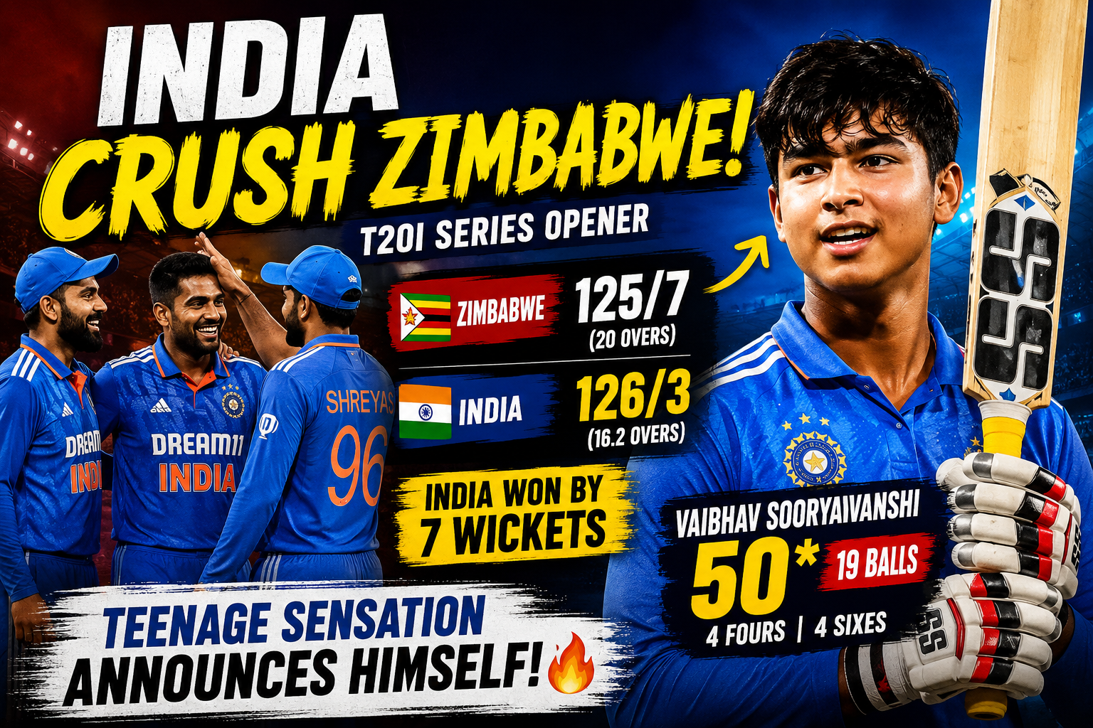 India Crush Zimbabwe as Teenage Star Vaibhav Sooryavanshi Shines in T20I Opener