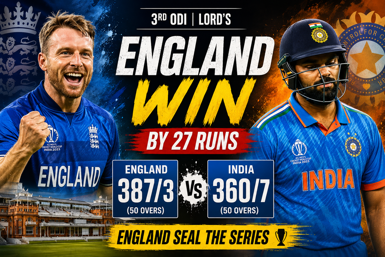 England Defeat India by 27 Runs in Thrilling 3rd ODI to Seal the Series