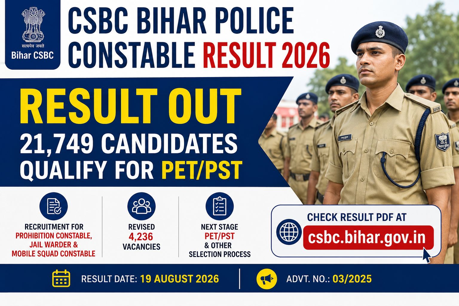 CSBC Bihar Police Constable Result 2026 OUT: 21,749 Candidates Qualify for PET/PST