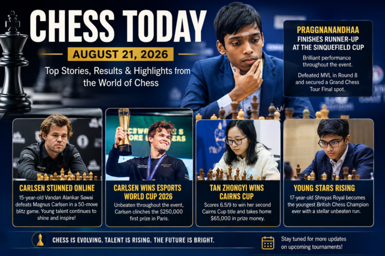 Chess Today: August 21, 2026 – Praggnanandhaa Finishes Second as Carlsen Makes Headlines