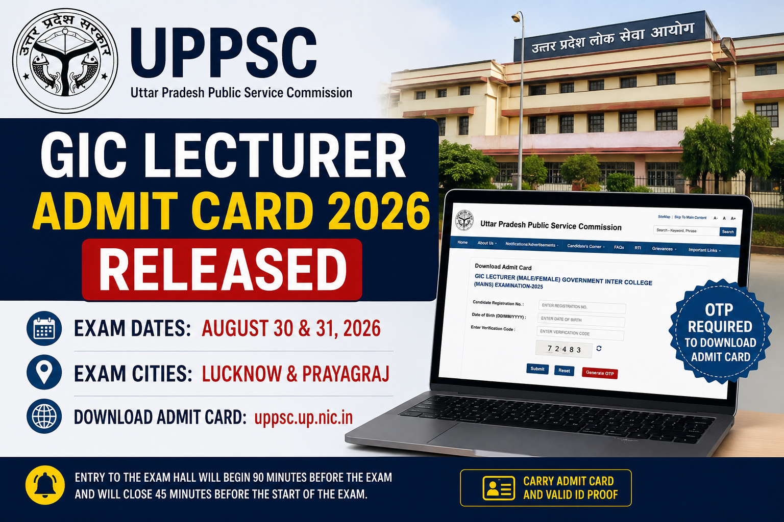 UPPSC GIC Lecturer Admit Card 2026 Released: Download Main Exam Hall Ticket for August 30 and 31 Exam