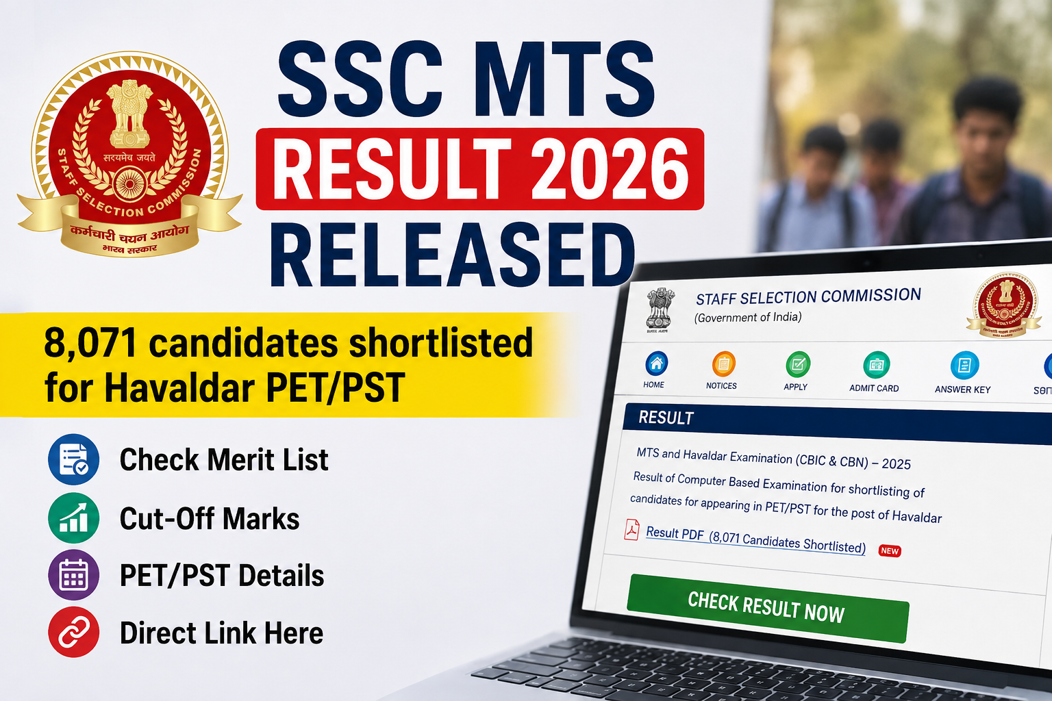 SSC MTS Result 2026 Released: 8,071 Candidates Shortlisted for PET and PST