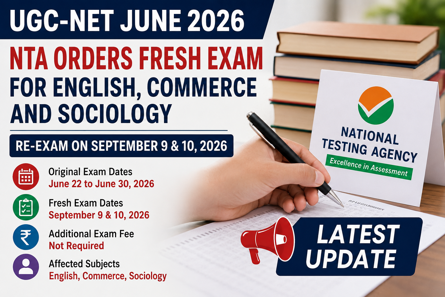 UGC-NET June 2026 Re-Exam: NTA Orders Fresh Test for English, Commerce and Sociology; Check New Exam Dates and Latest Update