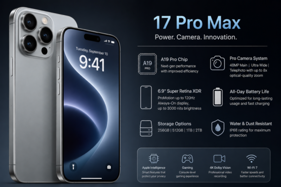 iPhone 17 Pro Max – A Powerful Premium Smartphone Introduction The iPhone 17 Pro Max remains one of the most talked-about premium smartphones, combining powerful performance, advanced cameras, a large OLED display, and long battery life. It was introduced as part of the iPhone 17 Pro lineup in September 2025. Apple equipped it with the A19 Pro chip, a new aluminium unibody design, and upgraded camera technology. Premium Design The iPhone 17 Pro Max features an aluminium unibody design with Ceramic Shield 2 on the front and Ceramic Shield on the back. It is available in Silver, Cosmic Orange, and Deep Blue. The phone has a large 6.9-inch display, making it particularly attractive for gaming, video streaming, photography, and productivity. Powerful A19 Pro Performance At the heart of the iPhone 17 Pro Max is the A19 Pro chip, designed to deliver high performance while improving efficiency. It includes a 6-core CPU, 6-core GPU with Neural Accelerators, and a 16-core Neural Engine. This makes the device well suited for demanding applications, high-end gaming, video editing, and AI-powered features. Advanced Camera System The camera system is one of the biggest attractions of the iPhone 17 Pro Max. It features a 48MP Pro Fusion camera system, including Main, Ultra Wide, and Telephoto cameras. The telephoto system supports up to 8x optical-quality zoom, while advanced photography features support high-resolution photos, Night mode, ProRAW, macro photography, and improved portrait capabilities. Stunning 6.9-Inch Display The Super Retina XDR OLED display measures 6.9 inches and has a 2868 × 1320 resolution at 460 pixels per inch. It also includes ProMotion with adaptive refresh rates up to 120Hz, Always-On display functionality, HDR, and up to 3,000 nits of outdoor peak brightness. Apple Intelligence Apple Intelligence is integrated into the iPhone experience, bringing AI-powered capabilities across supported apps and features. The A19 Pro chip and Neural Engine provide the processing foundation for these intelligent features while maintaining Apple's emphasis on privacy. Storage and Durability The iPhone 17 Pro Max comes in 256GB, 512GB, 1TB, and 2TB storage configurations. It also carries an IP68 rating for water and dust resistance, providing additional protection for everyday use. Why It Is Still Trending The iPhone 17 Pro Max continues to attract attention as the next iPhone generation approaches. Current reports indicate that Apple is preparing to introduce the iPhone 18 Pro and iPhone 18 Pro Max on September 9, 2026, making the iPhone 17 Pro Max an important comparison point for buyers deciding whether to purchase now or wait. Conclusion The iPhone 17 Pro Max combines a premium design, powerful A19 Pro performance, professional-grade cameras, a large 6.9-inch ProMotion display, advanced AI capabilities, and extensive storage options. Even as attention shifts toward the upcoming iPhone generation, it remains a powerful flagship smartphone and an attractive option for users looking for high-end performance and photography capabilities.