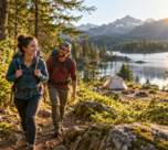Friends hiking a scenic trail near their campsite during a short weekend getaway