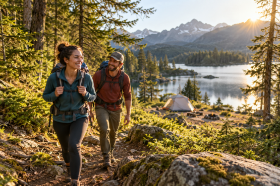 Friends hiking a scenic trail near their campsite during a short weekend getaway