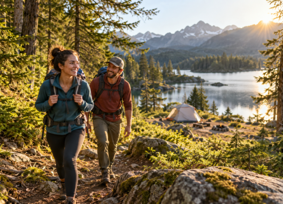 Friends hiking a scenic trail near their campsite during a short weekend getaway