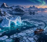 Small expedition ship sailing through pristine polar ice during a Cold Frontier Expedition