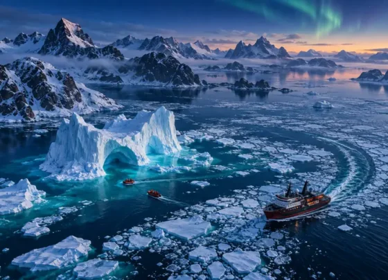 Small expedition ship sailing through pristine polar ice during a Cold Frontier Expedition