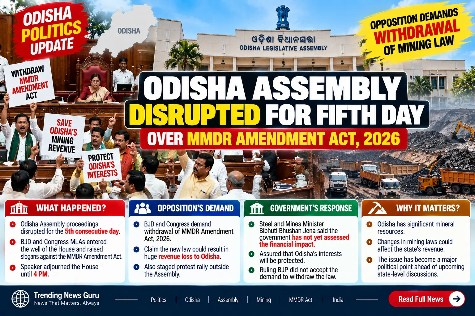 Odisha Politics Today: Assembly Disrupted for Fifth Day Over MMDR Amendment Act