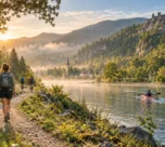 Travellers enjoying slow and purposeful journeys through walking, cycling and kayaking in nature