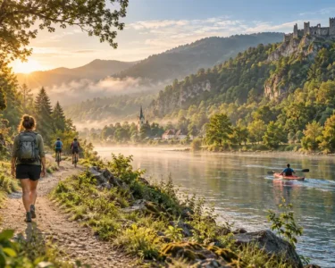 Travellers enjoying slow and purposeful journeys through walking, cycling and kayaking in nature