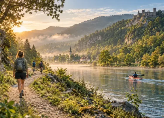 Travellers enjoying slow and purposeful journeys through walking, cycling and kayaking in nature