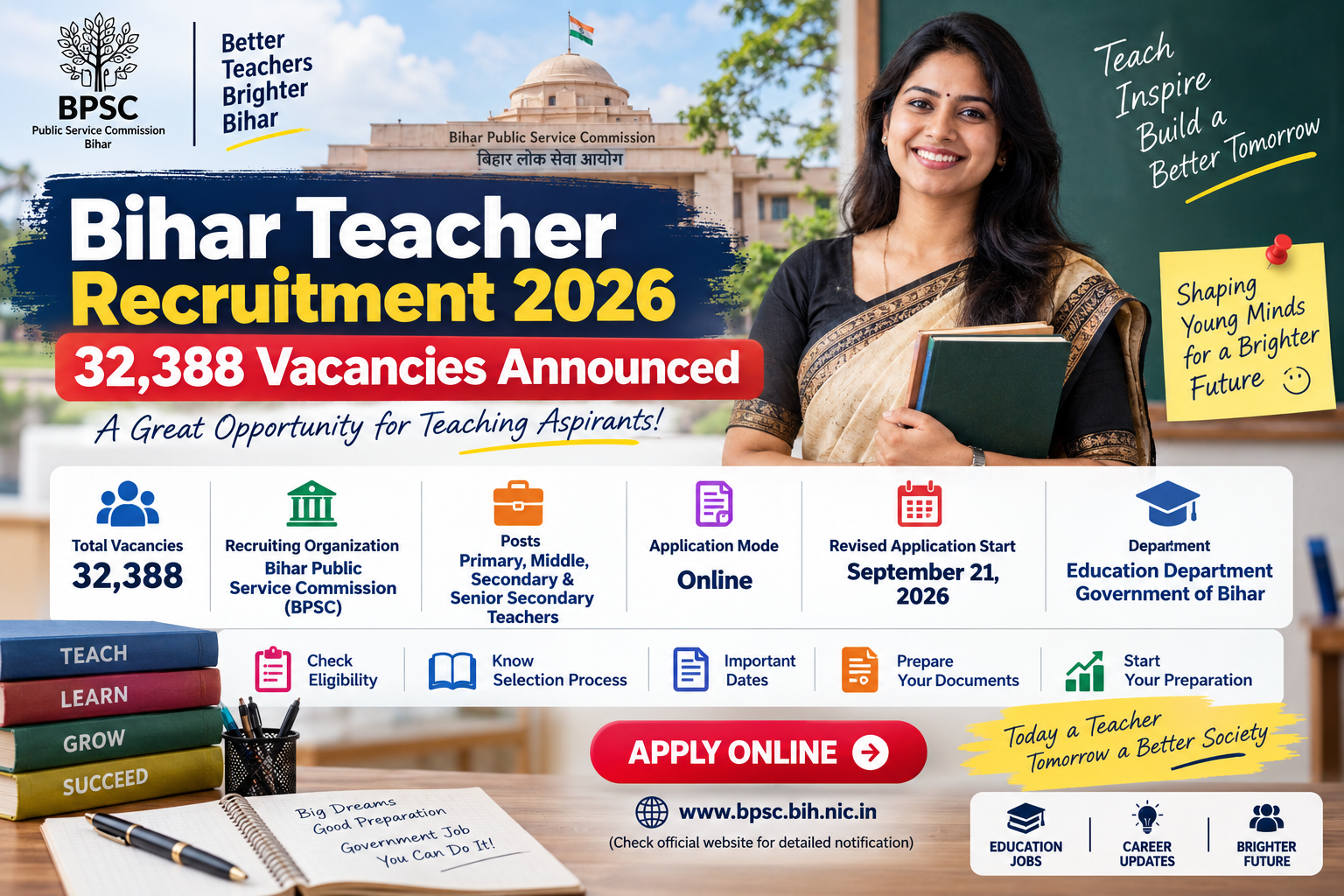 Bihar Teacher Recruitment 2026: 32,388 Vacancies Announced – Check Eligibility, Dates & Selection Process