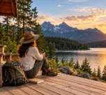 Travelers enjoying a tech-free vacation in a remote wilderness cabin surrounded by nature
