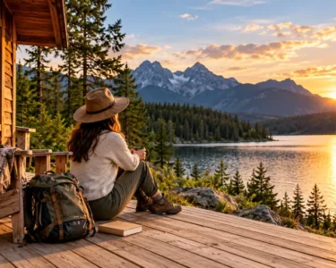 Travelers enjoying a tech-free vacation in a remote wilderness cabin surrounded by nature