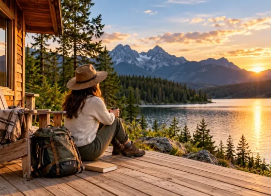Travelers enjoying a tech-free vacation in a remote wilderness cabin surrounded by nature