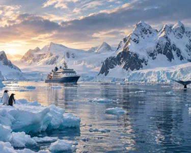 Expedition ship sailing through a pristine polar landscape surrounded by glaciers and wildlife