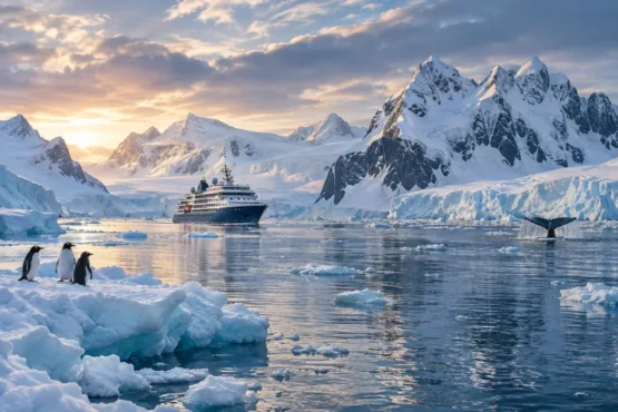 Expedition ship sailing through a pristine polar landscape surrounded by glaciers and wildlife