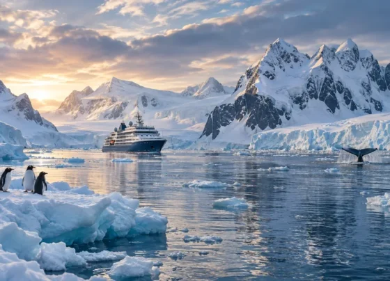 Expedition ship sailing through a pristine polar landscape surrounded by glaciers and wildlife