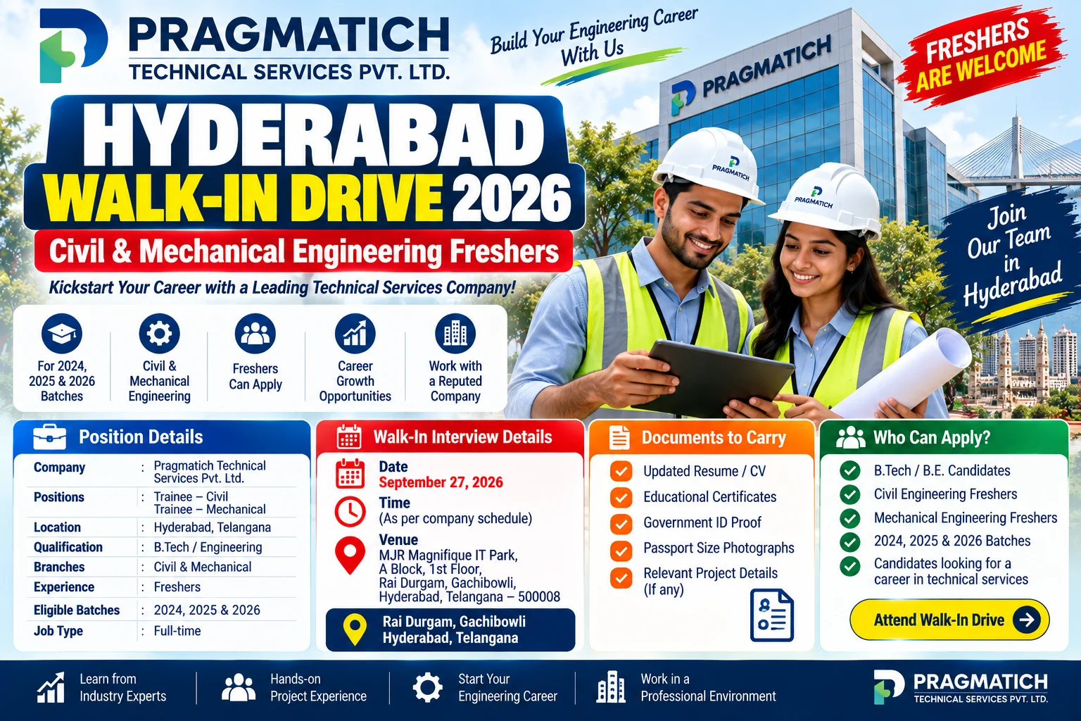 Pragmatich Hyderabad Walk-In Jobs 2026: Civil & Mechanical Engineering Freshers Can Apply