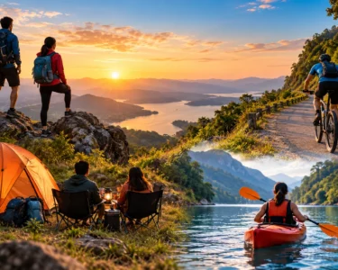 Travellers enjoying micro-adventures including weekend trekking, camping, cycling and kayaking in nature