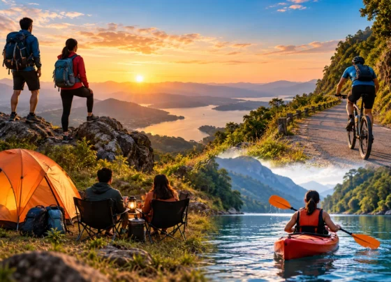 Travellers enjoying micro-adventures including weekend trekking, camping, cycling and kayaking in nature