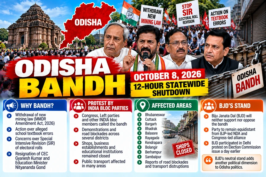 Odisha Bandh 2026: INDIA Bloc Protest Sparks Political Debate Over Mining Law and Electoral Issues