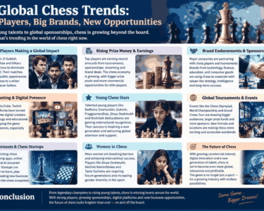 Young Chess Stars: Marketing, Brand Endorsements & Global Influence Introduction Chess is becoming much more than a traditional board game. Today, young chess players are attracting attention from international companies, sponsors, media platforms and millions of fans. Their success in major tournaments is helping them build personal brands and create opportunities in advertising, sponsorships and digital content. Players such as Gukesh, R Praggnanandhaa, Divya Deshmukh and Bodhana Sivanandan represent a new generation of chess talent. Their stories show how sporting achievement and personal branding are increasingly connected. Young Chess Stars Attracting Global Attention The new generation of players is bringing a younger audience to chess. Their tournament performances, interviews and social-media presence are helping chess reach people beyond traditional chess communities. Gukesh's world championship success and Praggnanandhaa's international tournament performances have made them recognizable names far beyond the chessboard. R Praggnanandhaa and Brand Partnerships R Praggnanandhaa has become one of India's most recognizable young chess players. His corporate support includes Adani Sportsline, while his commercial profile has also included associations with brands such as ITC Classmate and Indian Oil. For companies, a young chess champion can represent qualities such as concentration, strategic thinking, discipline and determination. Gukesh and the Power of a World Champion Brand D Gukesh has become one of the most prominent young names in international chess. His world championship achievement has significantly increased his global visibility. His age is also an important part of his public profile. As a young world champion, he represents a generation of players who can potentially remain in the international spotlight for many years. Bodhana Sivanandan: A Rising Young Star Bodhana Sivanandan is one of the most exciting young stories in chess. At just 11 years old, she became the youngest-ever Woman Grandmaster in 2026. Her rapid progress has attracted international media attention and support from organizations and sponsors. Her journey demonstrates how exceptionally young players can now develop international visibility at an early stage of their careers. Why Brands Are Interested in Chess Players Chess players offer brands an association with several qualities: Intelligence and strategic thinking Concentration and discipline Education and learning Youth and ambition International competition Long-term planning Because of these associations, chess players can appeal to companies in technology, finance, education, automobiles, consumer products and other industries. Social Media Is Changing Chess Marketing Social media has created another opportunity for young chess stars. Players can communicate directly with fans through Instagram, YouTube, X, streaming platforms and other digital channels. This means a player's commercial value can come from more than tournament victories. Chess performance, personality, audience and digital presence can work together to create a powerful personal brand. India's Growing Chess Marketing Industry India's young chess generation is helping create a larger commercial ecosystem around the sport. Gukesh, Praggnanandhaa, Arjun Erigaisi, Divya Deshmukh and Vaishali Rameshbabu are among the players attracting international attention. As more Indian players achieve major international results, companies are increasingly able to connect chess with youth, education, technology and professional achievement. The Future of Young Chess Stars The future of chess marketing could extend far beyond sponsorship logos. Successful players may develop careers involving tournaments, advertising, streaming, educational platforms, public appearances and even chess-related businesses. The combination of talent + audience + personal brand + sponsorship is creating a new professional model for young chess players. Conclusion Young chess stars are changing the commercial landscape of the game. Their achievements are attracting sponsors, companies and global audiences, while social media is allowing them to build personal brands much earlier than previous generations. From established young champions like Gukesh and Praggnanandhaa to emerging talents such as Bodhana Sivanandan, the connection between chess, marketing and brand endorsements is becoming an increasingly important part of modern chess.