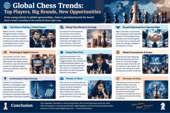 Young Chess Stars: Marketing, Brand Endorsements & Global Influence Introduction Chess is becoming much more than a traditional board game. Today, young chess players are attracting attention from international companies, sponsors, media platforms and millions of fans. Their success in major tournaments is helping them build personal brands and create opportunities in advertising, sponsorships and digital content. Players such as Gukesh, R Praggnanandhaa, Divya Deshmukh and Bodhana Sivanandan represent a new generation of chess talent. Their stories show how sporting achievement and personal branding are increasingly connected. Young Chess Stars Attracting Global Attention The new generation of players is bringing a younger audience to chess. Their tournament performances, interviews and social-media presence are helping chess reach people beyond traditional chess communities. Gukesh's world championship success and Praggnanandhaa's international tournament performances have made them recognizable names far beyond the chessboard. R Praggnanandhaa and Brand Partnerships R Praggnanandhaa has become one of India's most recognizable young chess players. His corporate support includes Adani Sportsline, while his commercial profile has also included associations with brands such as ITC Classmate and Indian Oil. For companies, a young chess champion can represent qualities such as concentration, strategic thinking, discipline and determination. Gukesh and the Power of a World Champion Brand D Gukesh has become one of the most prominent young names in international chess. His world championship achievement has significantly increased his global visibility. His age is also an important part of his public profile. As a young world champion, he represents a generation of players who can potentially remain in the international spotlight for many years. Bodhana Sivanandan: A Rising Young Star Bodhana Sivanandan is one of the most exciting young stories in chess. At just 11 years old, she became the youngest-ever Woman Grandmaster in 2026. Her rapid progress has attracted international media attention and support from organizations and sponsors. Her journey demonstrates how exceptionally young players can now develop international visibility at an early stage of their careers. Why Brands Are Interested in Chess Players Chess players offer brands an association with several qualities: Intelligence and strategic thinking Concentration and discipline Education and learning Youth and ambition International competition Long-term planning Because of these associations, chess players can appeal to companies in technology, finance, education, automobiles, consumer products and other industries. Social Media Is Changing Chess Marketing Social media has created another opportunity for young chess stars. Players can communicate directly with fans through Instagram, YouTube, X, streaming platforms and other digital channels. This means a player's commercial value can come from more than tournament victories. Chess performance, personality, audience and digital presence can work together to create a powerful personal brand. India's Growing Chess Marketing Industry India's young chess generation is helping create a larger commercial ecosystem around the sport. Gukesh, Praggnanandhaa, Arjun Erigaisi, Divya Deshmukh and Vaishali Rameshbabu are among the players attracting international attention. As more Indian players achieve major international results, companies are increasingly able to connect chess with youth, education, technology and professional achievement. The Future of Young Chess Stars The future of chess marketing could extend far beyond sponsorship logos. Successful players may develop careers involving tournaments, advertising, streaming, educational platforms, public appearances and even chess-related businesses. The combination of talent + audience + personal brand + sponsorship is creating a new professional model for young chess players. Conclusion Young chess stars are changing the commercial landscape of the game. Their achievements are attracting sponsors, companies and global audiences, while social media is allowing them to build personal brands much earlier than previous generations. From established young champions like Gukesh and Praggnanandhaa to emerging talents such as Bodhana Sivanandan, the connection between chess, marketing and brand endorsements is becoming an increasingly important part of modern chess.
