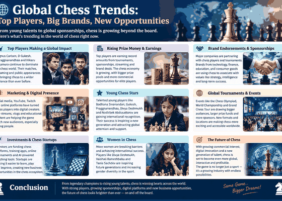 Young Chess Stars: Marketing, Brand Endorsements & Global Influence Introduction Chess is becoming much more than a traditional board game. Today, young chess players are attracting attention from international companies, sponsors, media platforms and millions of fans. Their success in major tournaments is helping them build personal brands and create opportunities in advertising, sponsorships and digital content. Players such as Gukesh, R Praggnanandhaa, Divya Deshmukh and Bodhana Sivanandan represent a new generation of chess talent. Their stories show how sporting achievement and personal branding are increasingly connected. Young Chess Stars Attracting Global Attention The new generation of players is bringing a younger audience to chess. Their tournament performances, interviews and social-media presence are helping chess reach people beyond traditional chess communities. Gukesh's world championship success and Praggnanandhaa's international tournament performances have made them recognizable names far beyond the chessboard. R Praggnanandhaa and Brand Partnerships R Praggnanandhaa has become one of India's most recognizable young chess players. His corporate support includes Adani Sportsline, while his commercial profile has also included associations with brands such as ITC Classmate and Indian Oil. For companies, a young chess champion can represent qualities such as concentration, strategic thinking, discipline and determination. Gukesh and the Power of a World Champion Brand D Gukesh has become one of the most prominent young names in international chess. His world championship achievement has significantly increased his global visibility. His age is also an important part of his public profile. As a young world champion, he represents a generation of players who can potentially remain in the international spotlight for many years. Bodhana Sivanandan: A Rising Young Star Bodhana Sivanandan is one of the most exciting young stories in chess. At just 11 years old, she became the youngest-ever Woman Grandmaster in 2026. Her rapid progress has attracted international media attention and support from organizations and sponsors. Her journey demonstrates how exceptionally young players can now develop international visibility at an early stage of their careers. Why Brands Are Interested in Chess Players Chess players offer brands an association with several qualities: Intelligence and strategic thinking Concentration and discipline Education and learning Youth and ambition International competition Long-term planning Because of these associations, chess players can appeal to companies in technology, finance, education, automobiles, consumer products and other industries. Social Media Is Changing Chess Marketing Social media has created another opportunity for young chess stars. Players can communicate directly with fans through Instagram, YouTube, X, streaming platforms and other digital channels. This means a player's commercial value can come from more than tournament victories. Chess performance, personality, audience and digital presence can work together to create a powerful personal brand. India's Growing Chess Marketing Industry India's young chess generation is helping create a larger commercial ecosystem around the sport. Gukesh, Praggnanandhaa, Arjun Erigaisi, Divya Deshmukh and Vaishali Rameshbabu are among the players attracting international attention. As more Indian players achieve major international results, companies are increasingly able to connect chess with youth, education, technology and professional achievement. The Future of Young Chess Stars The future of chess marketing could extend far beyond sponsorship logos. Successful players may develop careers involving tournaments, advertising, streaming, educational platforms, public appearances and even chess-related businesses. The combination of talent + audience + personal brand + sponsorship is creating a new professional model for young chess players. Conclusion Young chess stars are changing the commercial landscape of the game. Their achievements are attracting sponsors, companies and global audiences, while social media is allowing them to build personal brands much earlier than previous generations. From established young champions like Gukesh and Praggnanandhaa to emerging talents such as Bodhana Sivanandan, the connection between chess, marketing and brand endorsements is becoming an increasingly important part of modern chess.