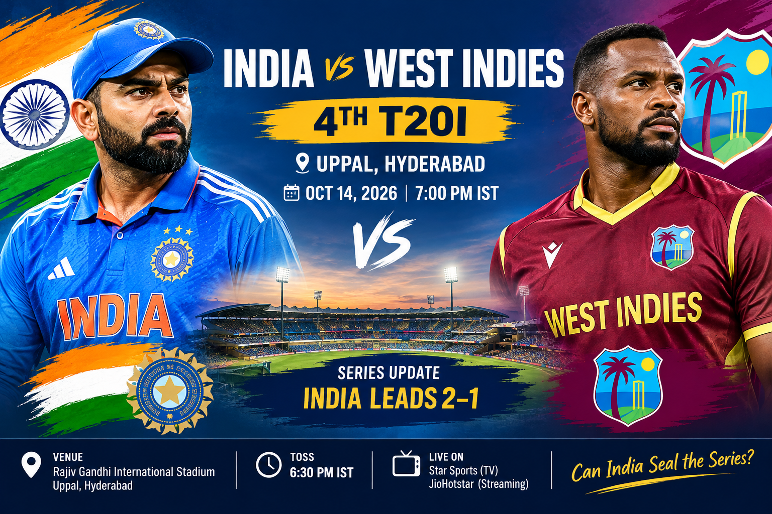 India vs West Indies 4th T20I Today: Team India Targets Series Victory at Uppal, Hyderabad