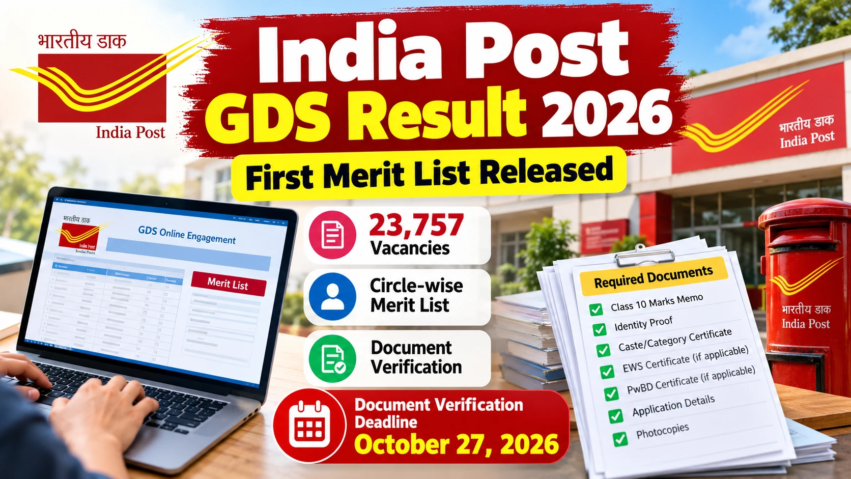 India Post GDS Result 2026: First Merit List Released, Document Verification Deadline October 27