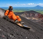 Volcano boarding on the black volcanic slopes of Cerro Negro in Nicaragua.