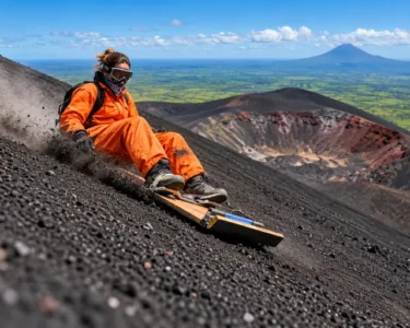 Volcano boarding on the black volcanic slopes of Cerro Negro in Nicaragua.
