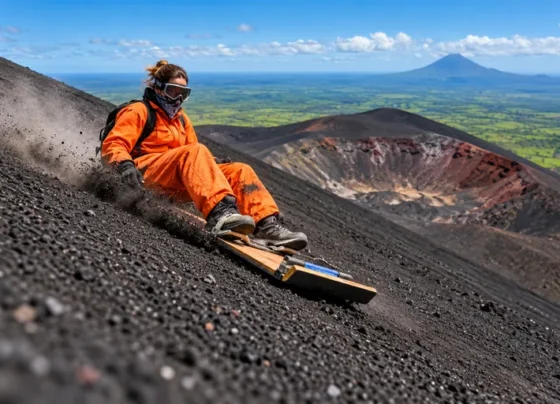 Volcano boarding on the black volcanic slopes of Cerro Negro in Nicaragua.